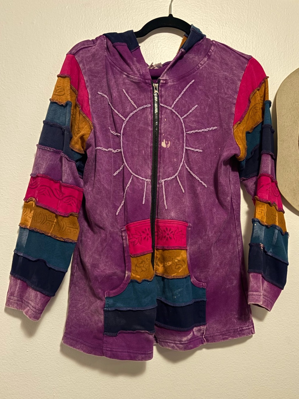 Boho Sun Patchwork Zip Hoodie in Purple with Multicolor Stripes